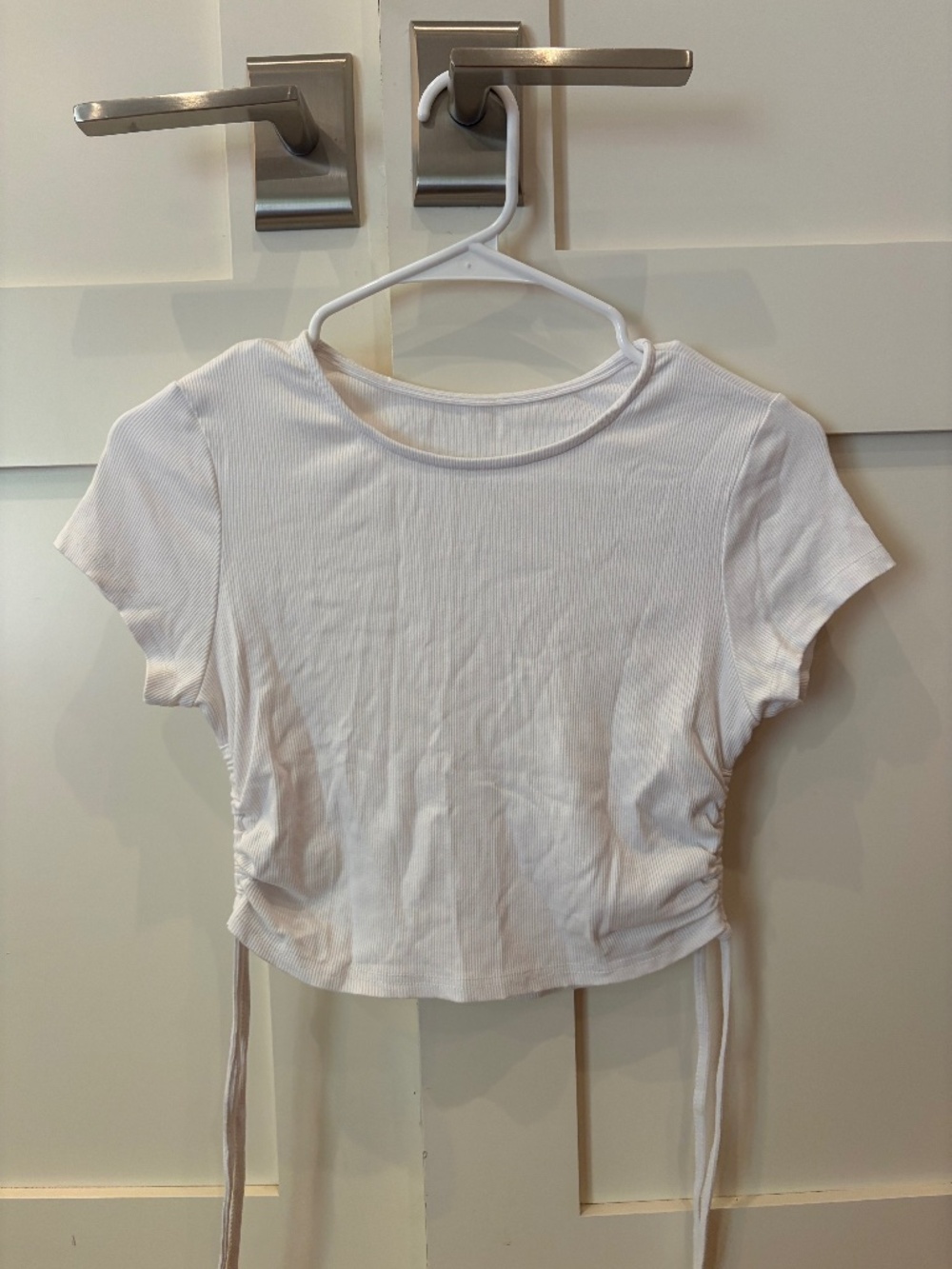 White Ribbed Ruched Side Crop Top | Adjustable Drawstring Short Sleeve Tee